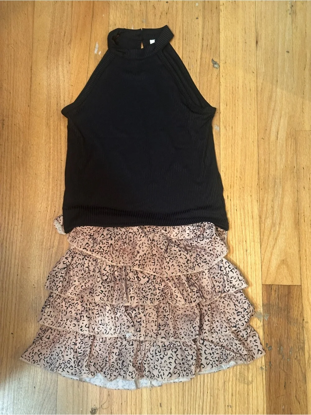 🖤 Girls Size 7 Leopard Tiered Ruffle Skirt Black Tank Top Hat 3-Piece Set 🐆